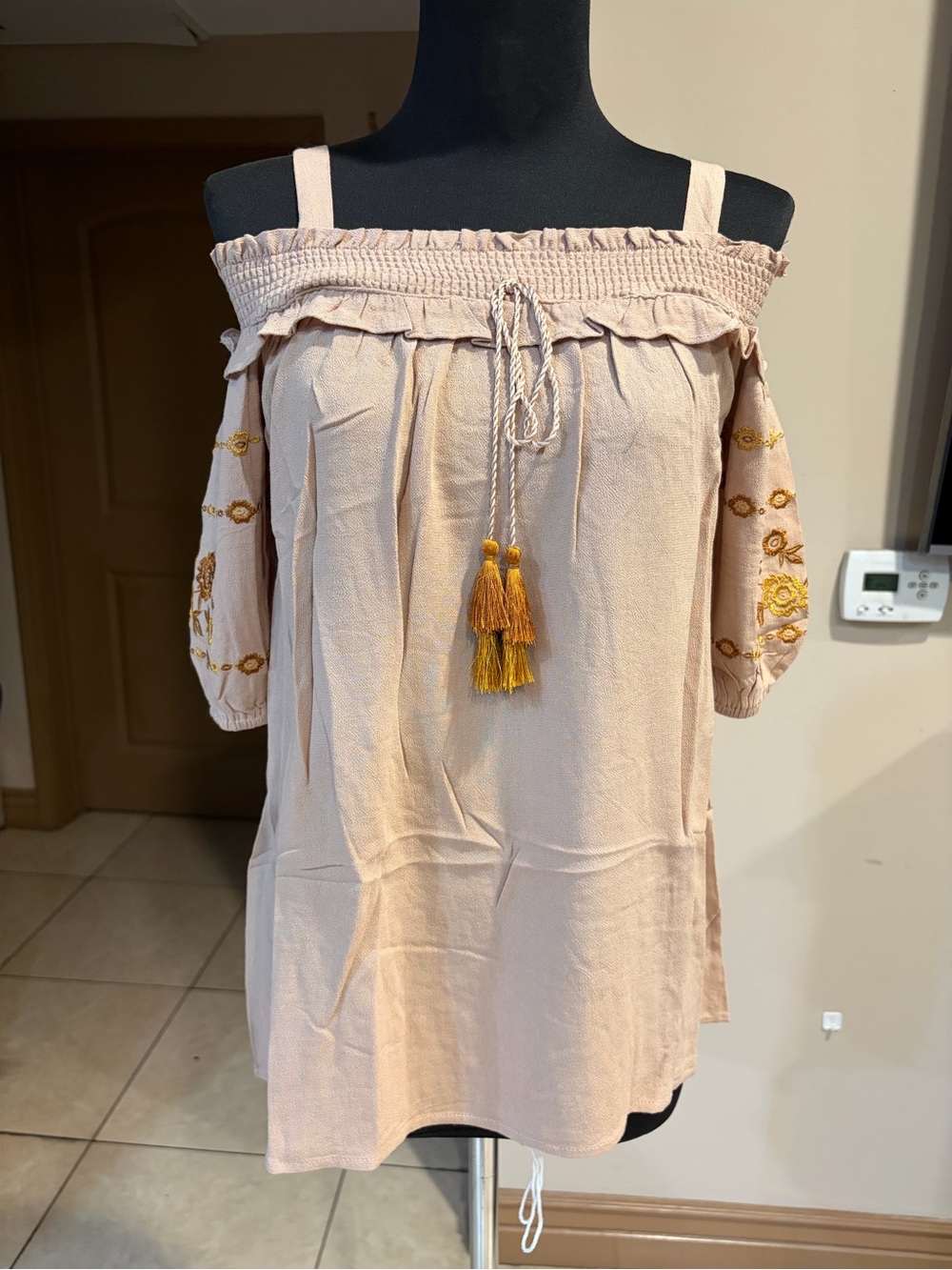 Blu Pepper Blush Off-Shoulder Tassel Blouse